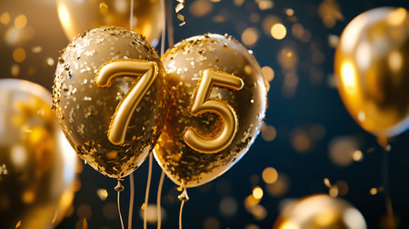 Celebrating 75th Milestone with Golden Balloons and Confetti. Generative ai. High quality illustrationの素材