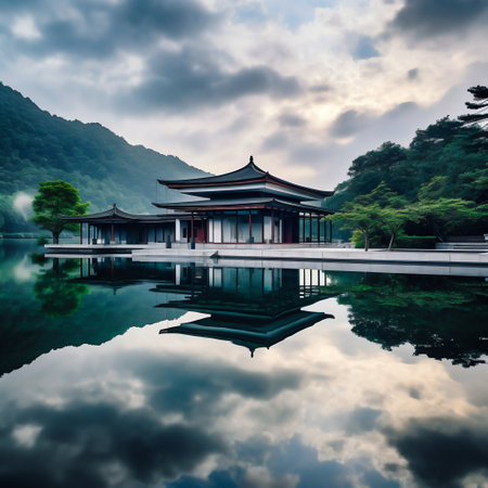 Serene Traditional Pavilion Reflected in Calm Waters at Dusk. Generative ai. High quality illustrationの素材