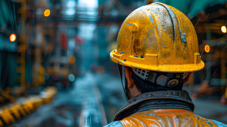 Industrial Worker in Hard Hat at a Manufacturing Plant. Generative ai. High quality illustrationの素材