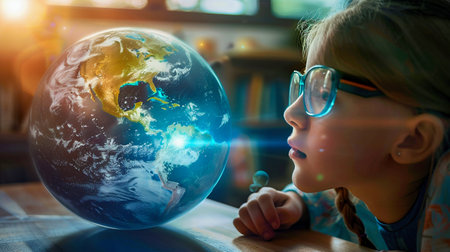 A young girl with glasses is marveling at an electric blue globe, exploring the wonders of science and the world around herの素材