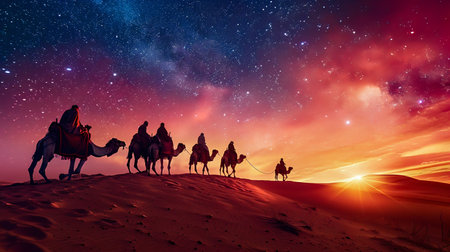 Caravan Journey Under the Milky Way in Desert Dunes. Generative ai. High quality illustrationの素材