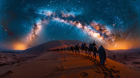 Caravan Journey Under the Milky Way in Desert Dunes. Generative ai. High quality illustrationの素材