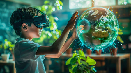 Child Exploring Virtual Globe with Augmented Reality Headset. Generative ai. High quality illustrationの素材