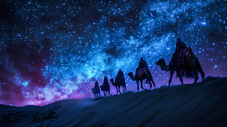 Caravan Journey Under the Milky Way in Desert Dunes. Generative ai. High quality illustrationの素材
