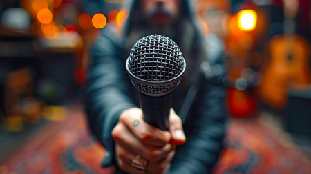 Close-up of a Dynamic Performance Microphone in Hand. Generative ai. High quality illustrationの素材