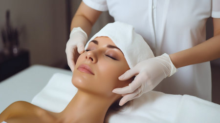 A woman is receiving a facial treatment at a spa, relaxing as her hands and muscles are massaged, eyelashes are pampered, and various parts of her body get attentionの素材