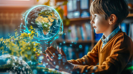 Young Boy Holding a Holographic Projection of the Earth. Generative ai. High quality illustrationの素材