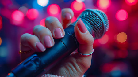 Close-up of a Dynamic Performance Microphone in Hand. Generative ai. High quality illustrationの素材