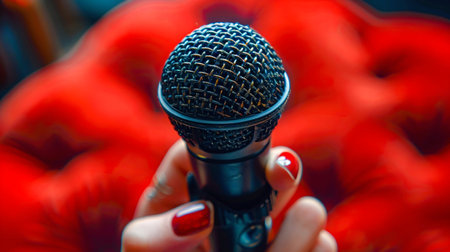 Close-up of a Dynamic Performance Microphone in Hand. Generative ai. High quality illustrationの素材