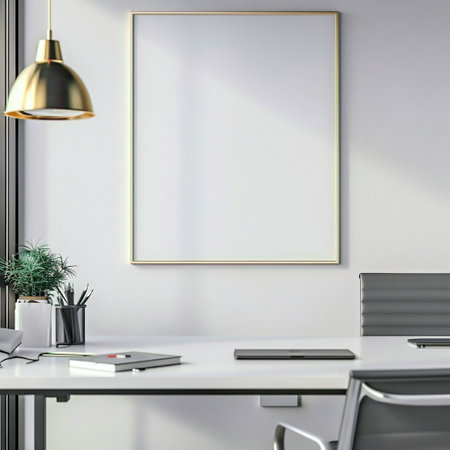 Modern Office Interior with Blank Picture Frame. Generative ai. High quality illustrationの素材
