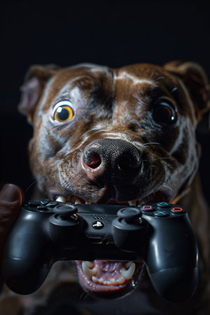Playful Dog Holding a Game Controller in Mouth. Generative ai. High quality illustrationの素材