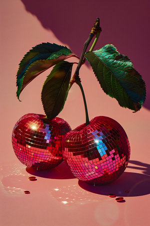 Disco Cherry Delight: Whimsical Fruits Dance in Pink Light. Generative ai. High quality illustrationの素材