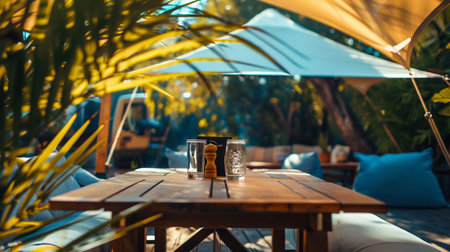 Tropical Resort Dining: Elegant Table Setting Outdoors. Generative ai. High quality illustrationの素材