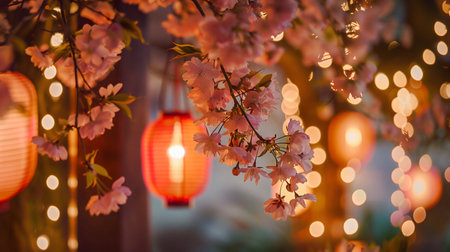 Festive Lanterns Amidst Cherry Blossoms. Generative ai. High quality illustrationの素材