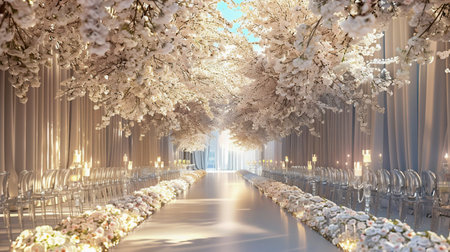 Elegant Wedding Venue Decorated with Flowers and Candles. Generative ai. High quality illustrationの素材