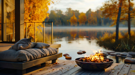 Peaceful Lakeside Retreat with Outdoor Firepit in Autumn. Generative ai. High quality illustrationの素材