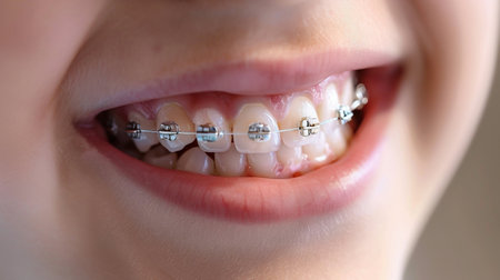 Happy Child with Dental Braces. Generative ai. High quality illustrationの素材