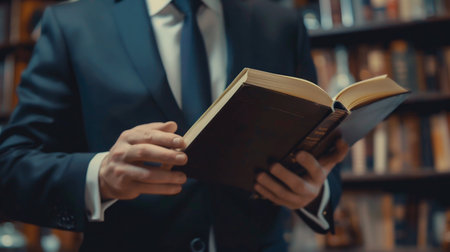 Professional Man Focused on Reading in a Library. Generative ai. High quality illustrationの素材