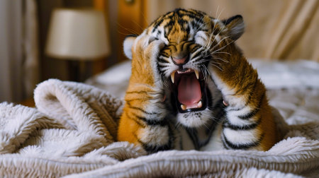Playful Tiger Cub Enjoying Home Comforts. Generative ai. High quality illustrationの素材