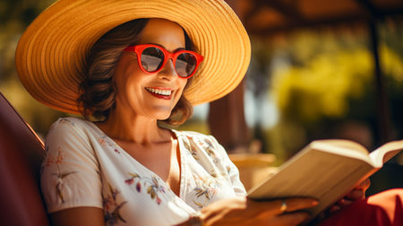 Woman Enjoying a Book in a Blossoming Garden. Generative ai. High quality illustrationの素材