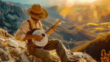 Musician Playing Banjo at Sunset in the Mountains. Generative ai. High quality illustrationの素材