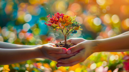 Nurturing Growth: Hands Cradling a Young Tree. Generative ai. High quality illustrationの素材