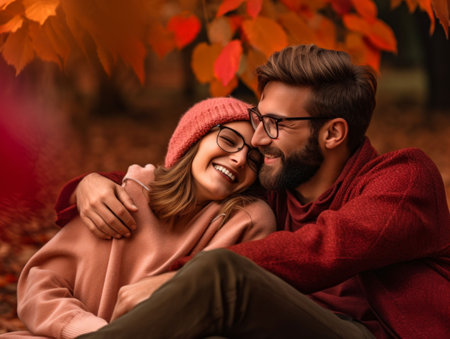 Couple Embracing Love Amidst Autumn Leaves. Generative ai. High quality illustrationの素材