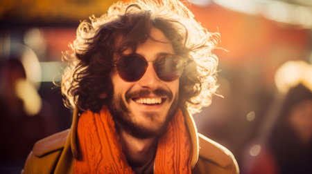 Joyful Senior Man in Sunglasses Enjoying Autumn Sunshine. Generative ai. High quality illustrationの素材