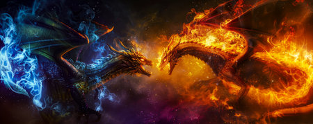 Epic Clash of Fire and Ice Dragons. Generative ai. High quality illustrationの素材