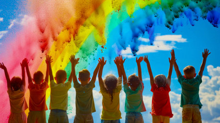 Joyful Children Celebrating with Colorful Powder. Generative ai. High quality illustrationの素材