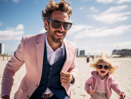 Joyful Father Walking on Beach with Children. Generative ai. High quality illustrationの素材