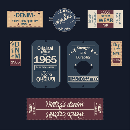 Set of denim labels. Vintage original blue jeans raw denim labels, t-shirt graphics. Vectorのイラスト素材