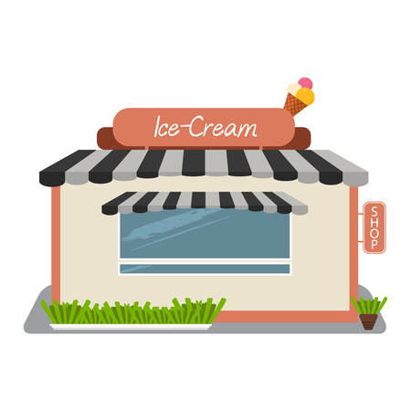 Ice-cream shop, street store building facade. Small building with roof and grass. You can simply change text on signboard.のイラスト素材