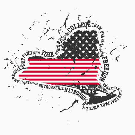 New York State map contains of USA flag colors. T-shirt stamp design with grunge effect. Fashion Print for apparel. Vector illustrationのイラスト素材