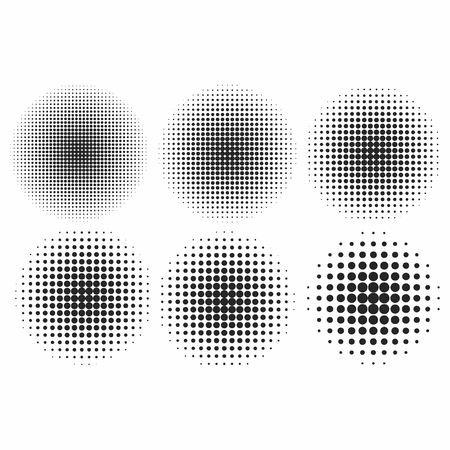 Vector halftone effects set. Monochrome dots in circles isolated on background. Vector illustrationのイラスト素材