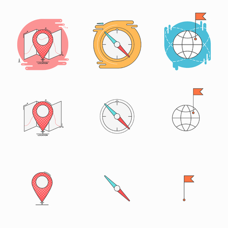 Check point with map, compass pointer, flag with earth creative set of symbols concept. Flat thin line sign for web design. Vector illustration, linear setのイラスト素材