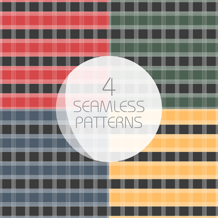 Seamless tartan patterns set. Red,yellow, green,blue kilts fabric texture. Abstract vertical and horizontal lines. Vector illustrationのイラスト素材