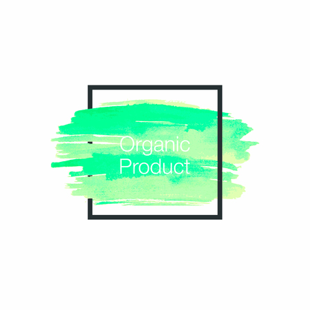 Organic product. Watercolor insertion, green strokes in grey square frame. Design element  for logo, background, poster, headline, apparel manufacture, stamp, typography. Vector illustrationのイラスト素材