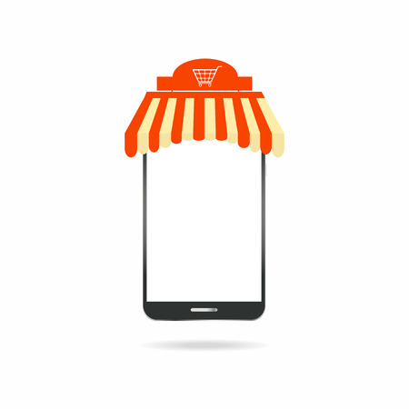 Vector mobile shopping symbol. Smartphone with modern roof and cart. E-commerce conceptのイラスト素材