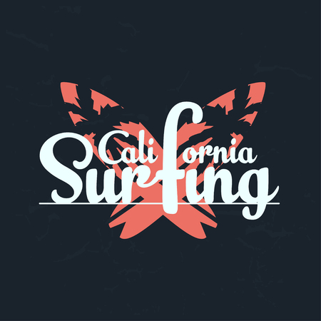 California surfing typography graphics with surfboard. Grunge background. T-shirt graphics, poster. Vectorのイラスト素材
