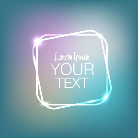 Neon square frame with glow light effect. Shining square banner with sparkles and flares. Space for text. Vectorのイラスト素材