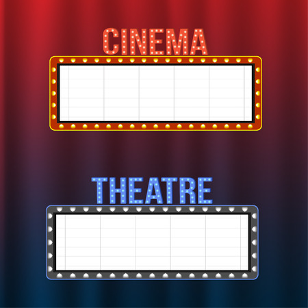 Cinema and theatre signboards on blue and red curtains with spotlights and vintage frames. Space for text. Vectorのイラスト素材