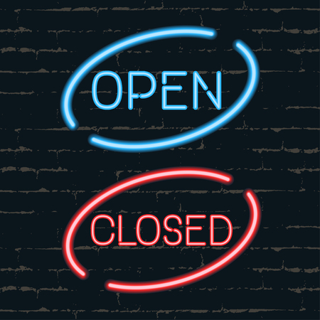 Open, closed signborads. Neon effect in blue and red colors on dark background. Vectorのイラスト素材