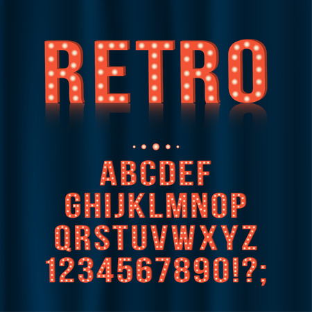 Retro, vintage light bulb alphabet letters and numbers for signboards, movie, theatre, casino. Vector english alphabetのイラスト素材