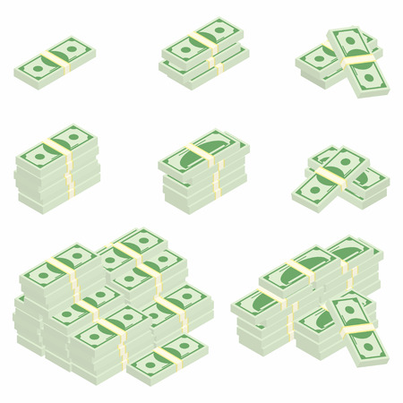 Dollars. Packages of banknotes in various angles. Different stacks and piles of cash. Vectorのイラスト素材