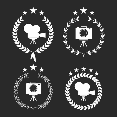 Film awards. Award laurel wreaths symbols with camera and stars. Vectorのイラスト素材
