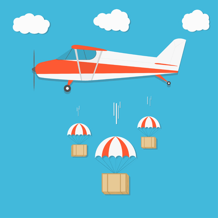 Delivery . Airplane with parachute box packages on blue sky background. Vectorのイラスト素材