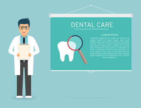 Doctor with medical clipboard in hands. Tooth, magnifier, dental care on projection screen. Doctor on presentation. Handsome young doctor in glasses. Vectorのイラスト素材