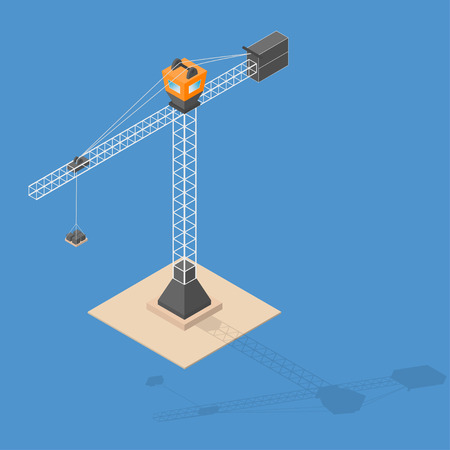Industrial construction crane. Isometric crane with bricks, shadow, standing on sand. Vectorのイラスト素材