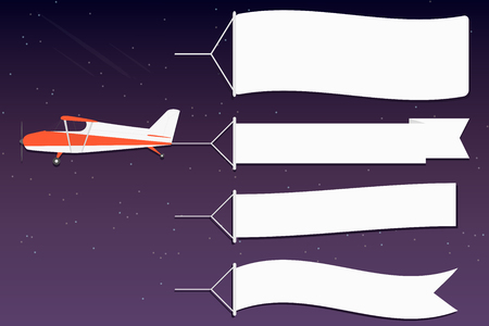 Flying Advertising Banner Plane With Horizontal Banners In Night